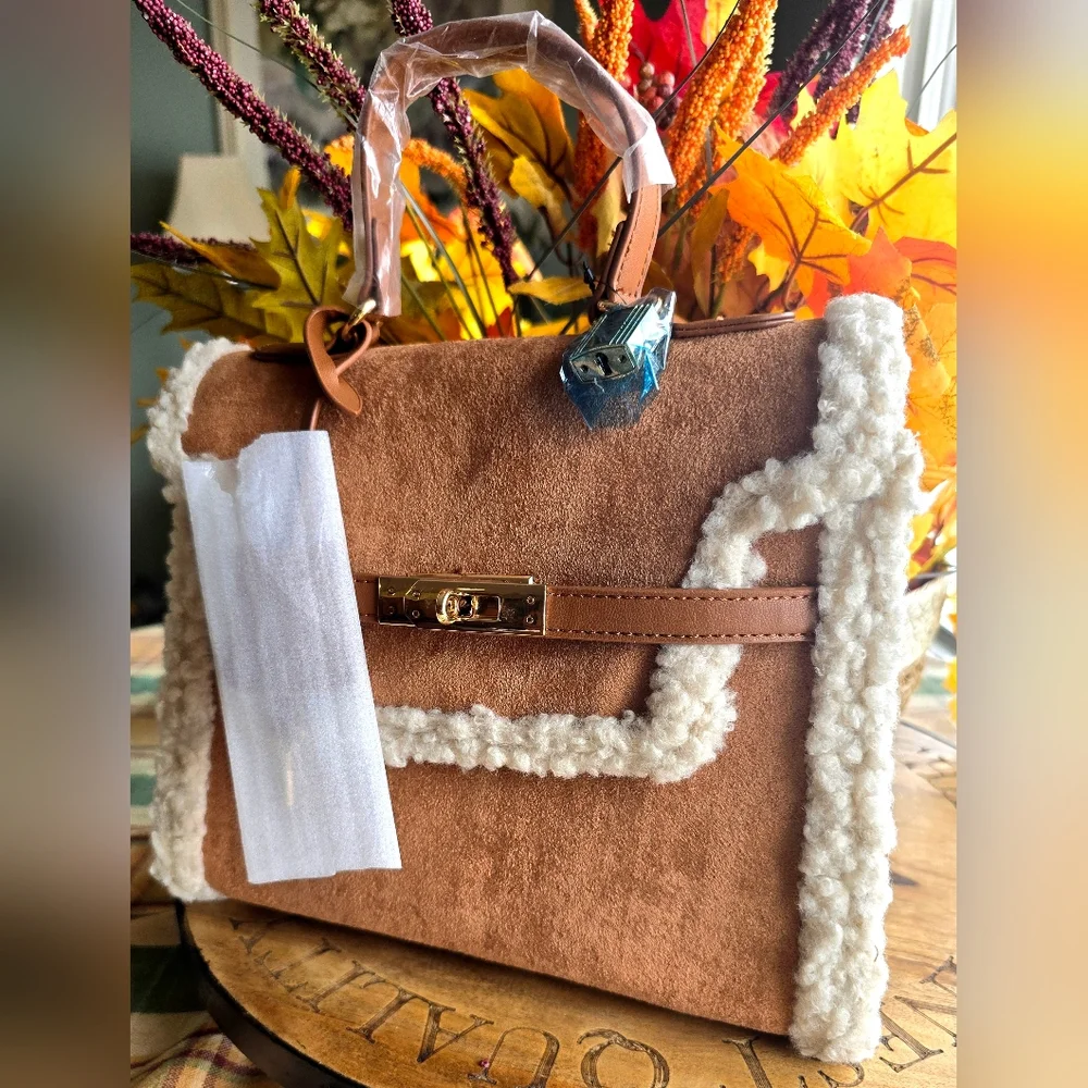 Badgley Mischka Vegan Leather Suede And Shearling Top Handle Cross Body Bag NWT - Picture 8 of 10